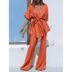 CoMMENSE Oversized Linen Tied Two Piece Pants Set NO BELT Orange NWT Size Small